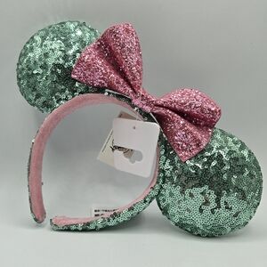 Disney Parks Sugar Rush Sequin Minnie Mouse Ears Headband Mint Green Pink Bow